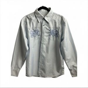 Y2K Red Level Nine Men’s Elegant White Blue Striped Dress Shirt Embroidered